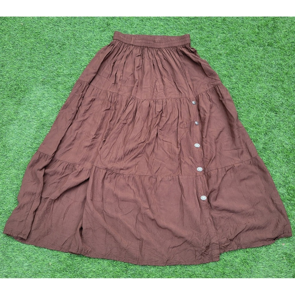 Crazy Cowgirl Brown Tiered Maxi Skirt Button Front Elastic Waist S Flowy Boho